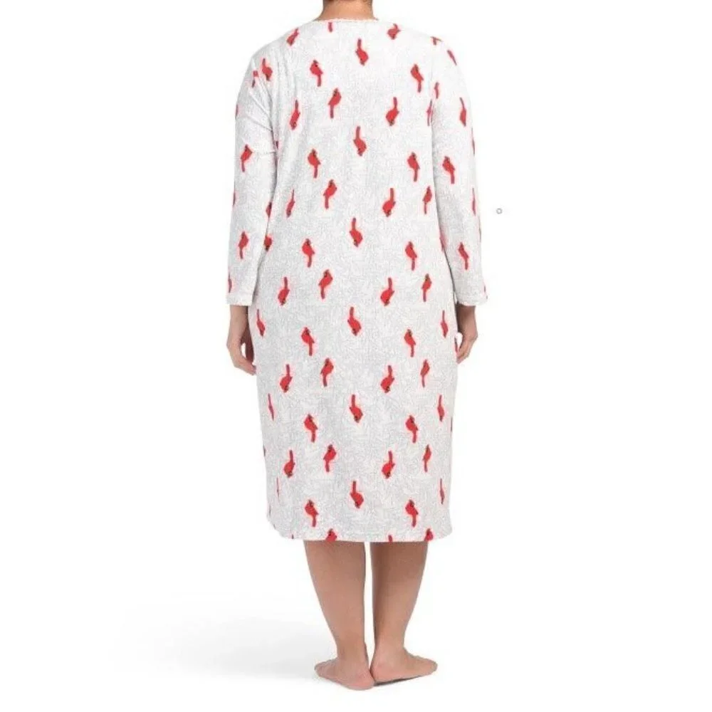 Relaxed Soft Stretchy Cozy Bird Novelty Printed Fleece Nightgown Plus Size 1X